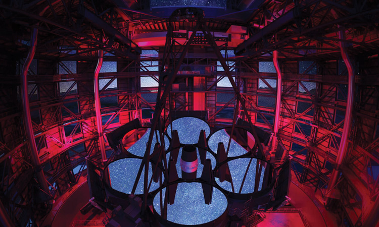 Rendering of the 7 main mirrors of the Giant Magellan Telescope reflecting the night sky