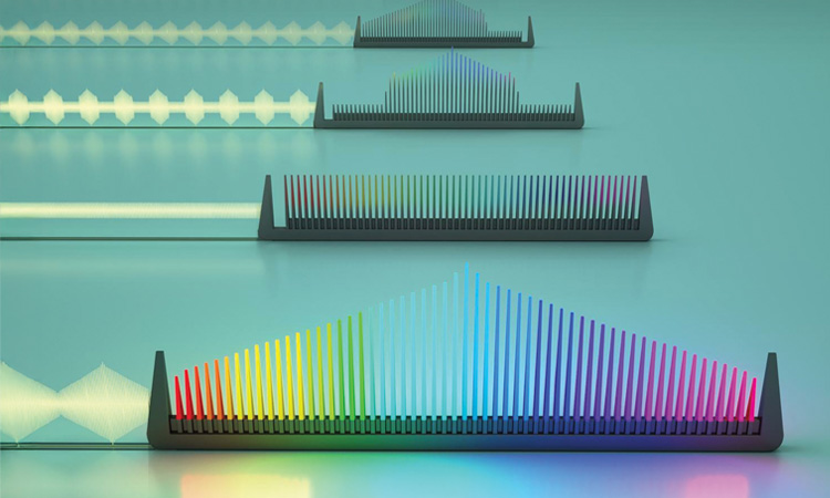 Rendering of 4 optical frequency combs showing different frequencies