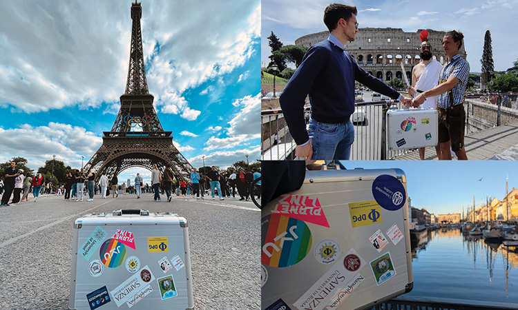 Collage of images of silver quantour suitcase