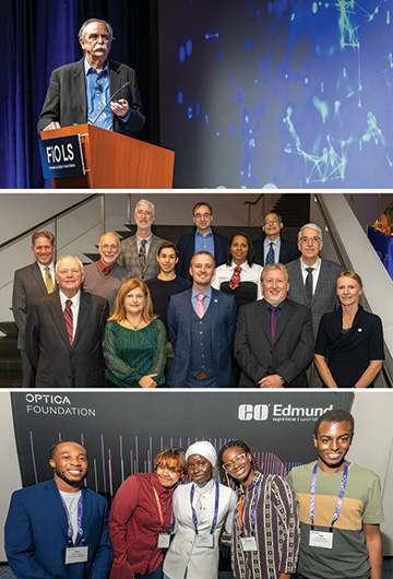 Top: FiO LS plenary speaker David Wineland. Middle: 2025 award winners with 2025 Optica President James Kafka (back row, left). Bottom: Attendees at the Amplify Optics immersion program.