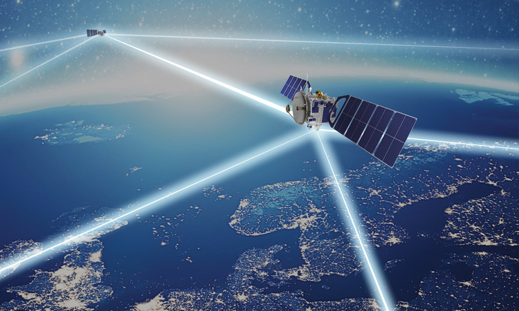 Satellites connected by light signals over earth