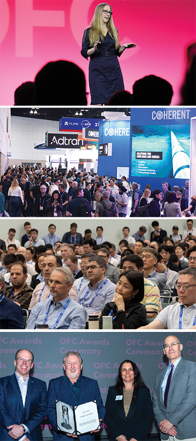 Top: One of many packed AI sessions. Bottom: Claudio Mazzali, Corning (left); Tyndall Award winner Graham Reed, University of Southampton, UK; IEEE President Gabriella Bosco and Optica VP Alexander Gaeta.