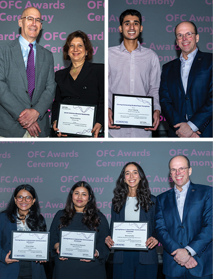 Top, left: Optica Vice President Alexander Gaeta (left) with Paola Iovanna. Right: Arjun Devraj (left) and Claudio Mazzali, Corning. Bottom: Divya Shaji (left), Munira Binte Mostafa, Besma Kalla and Claudio Mazzali, Corning