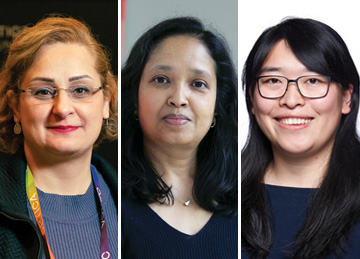 Three of the 10 new technical group leaders. From left: Neda Baktash, Coherent Corp., UK; Saswatee Banerjee, Photonic Wave Solutions LLC, Cork, Ireland; Linhui Yu, Apple, USA. 