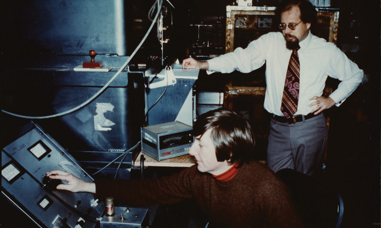 J.J. Ewing (right) and Charlie Brau in 1975 experimenting with early excimer lasers