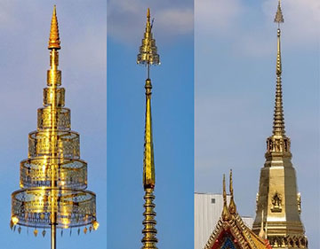 Three images (far away, closer and zoomed in) of the chat above the pagoda of Wat That Thong