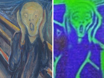 Image of The Scream and a recreated version in liquid crystals