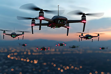 Multiple drones flying above sunset